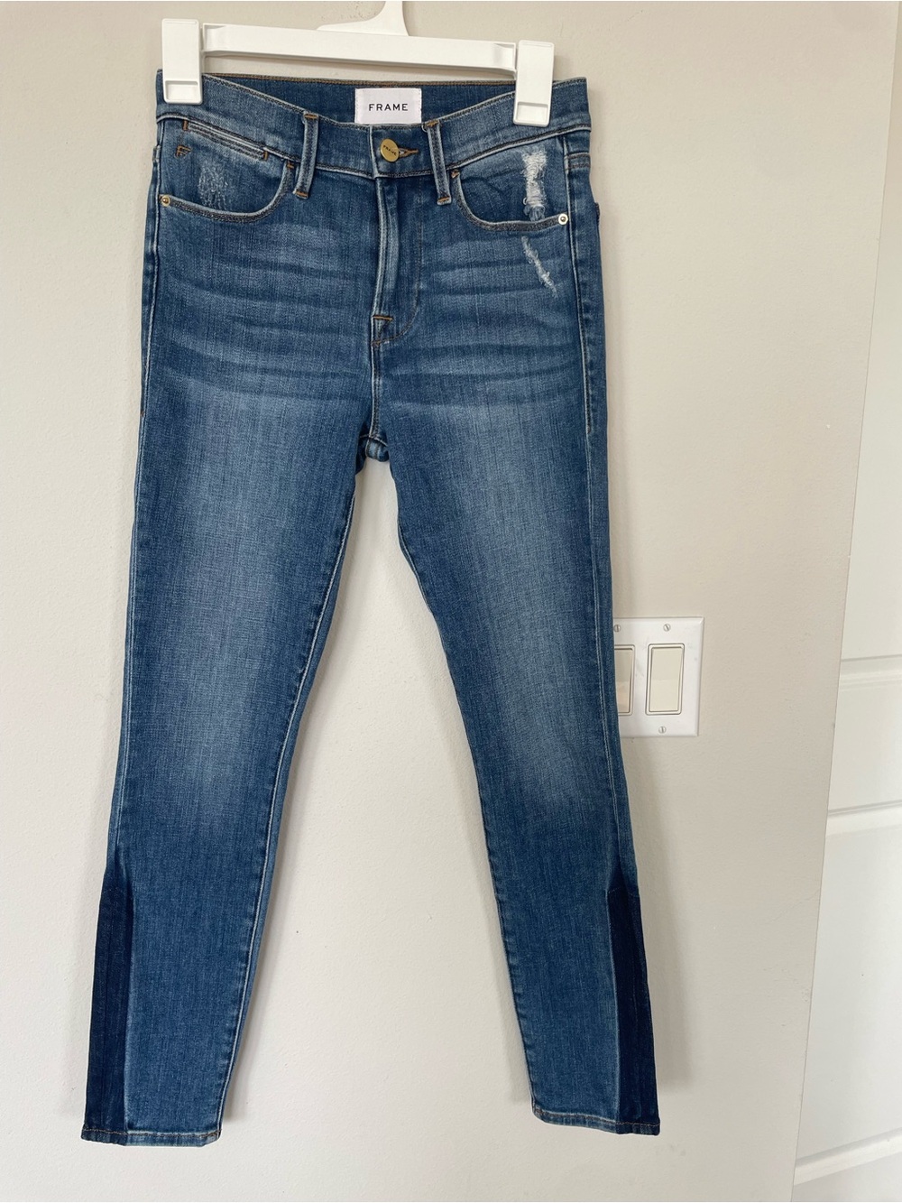 Frame Women’s Denim High Rise Skinny Distressed Two Tone Hem Jean Jazz Size25